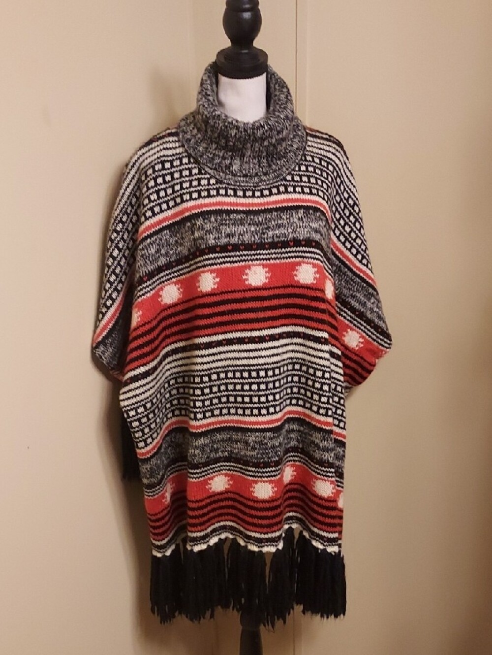WD.NY Black, White & Red Patterned Turtleneck Poncho